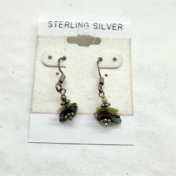 Sterling Silver Green Purple Dangle Earrings Natural Stones - Picture 7 of 10